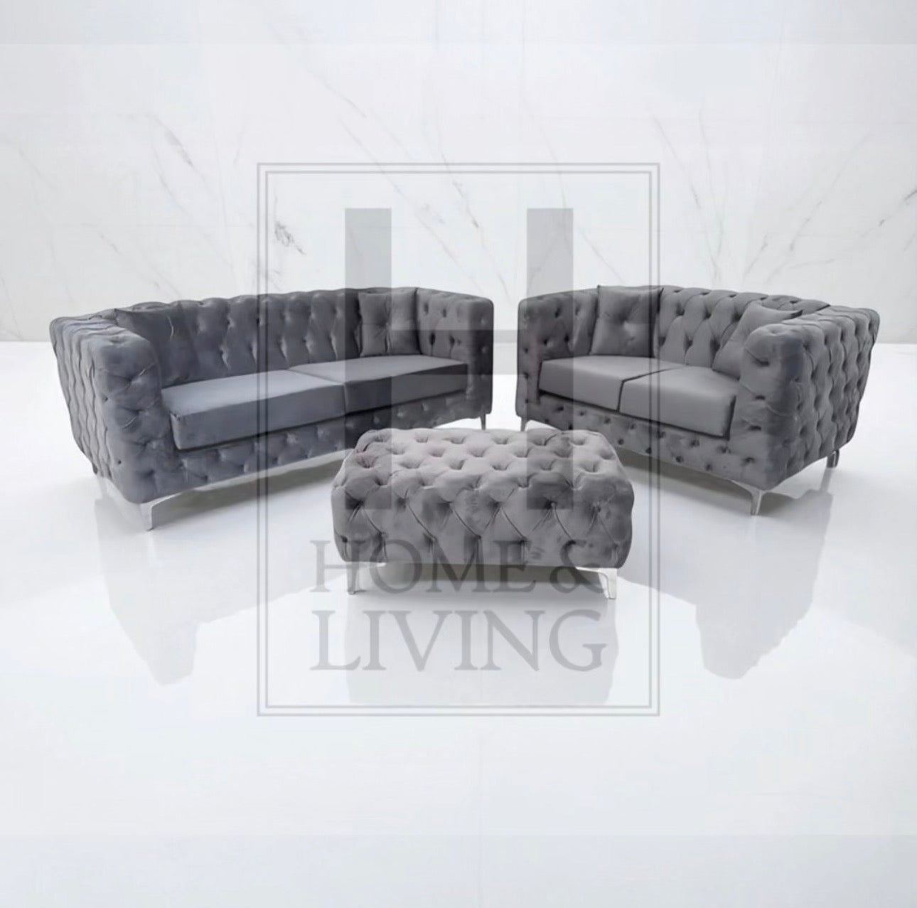 Rocky Chesterfield Sofa in Steel Plush Velvet