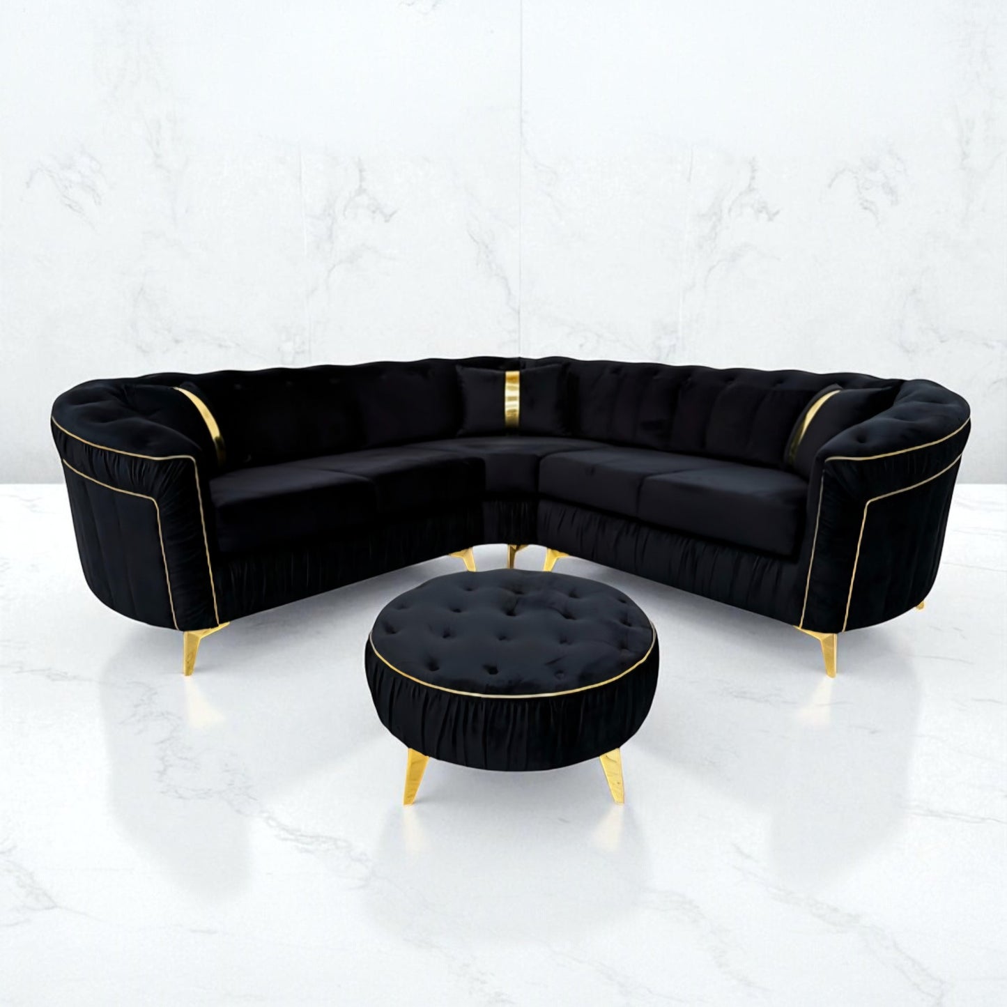 Ambassador Chesterfield Corner Sofa in Black Plush Velvet