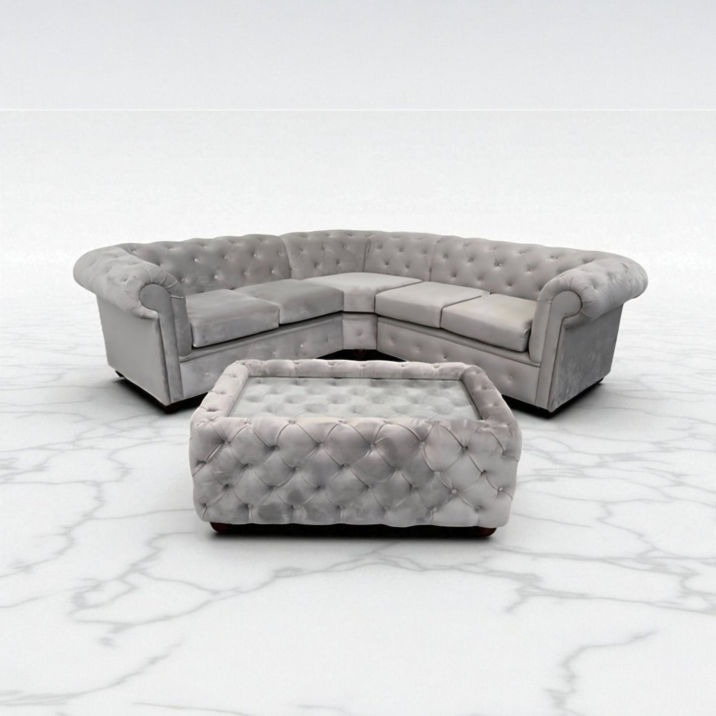 Chesterfield Corner Sofa in Silver Plush Velvet
