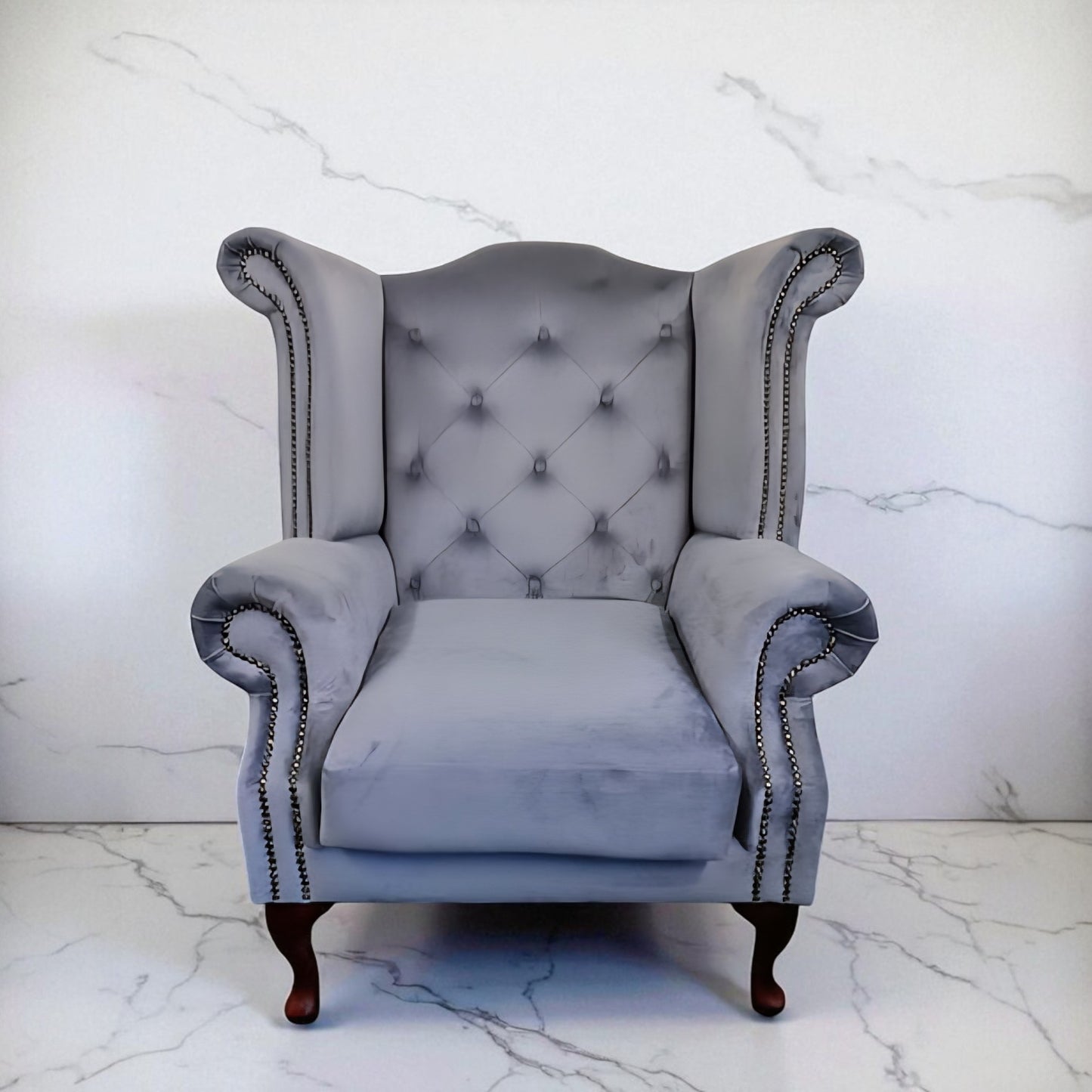 Chesterfield Queen Anne Wing Back Chair in Steel Plush Velvet