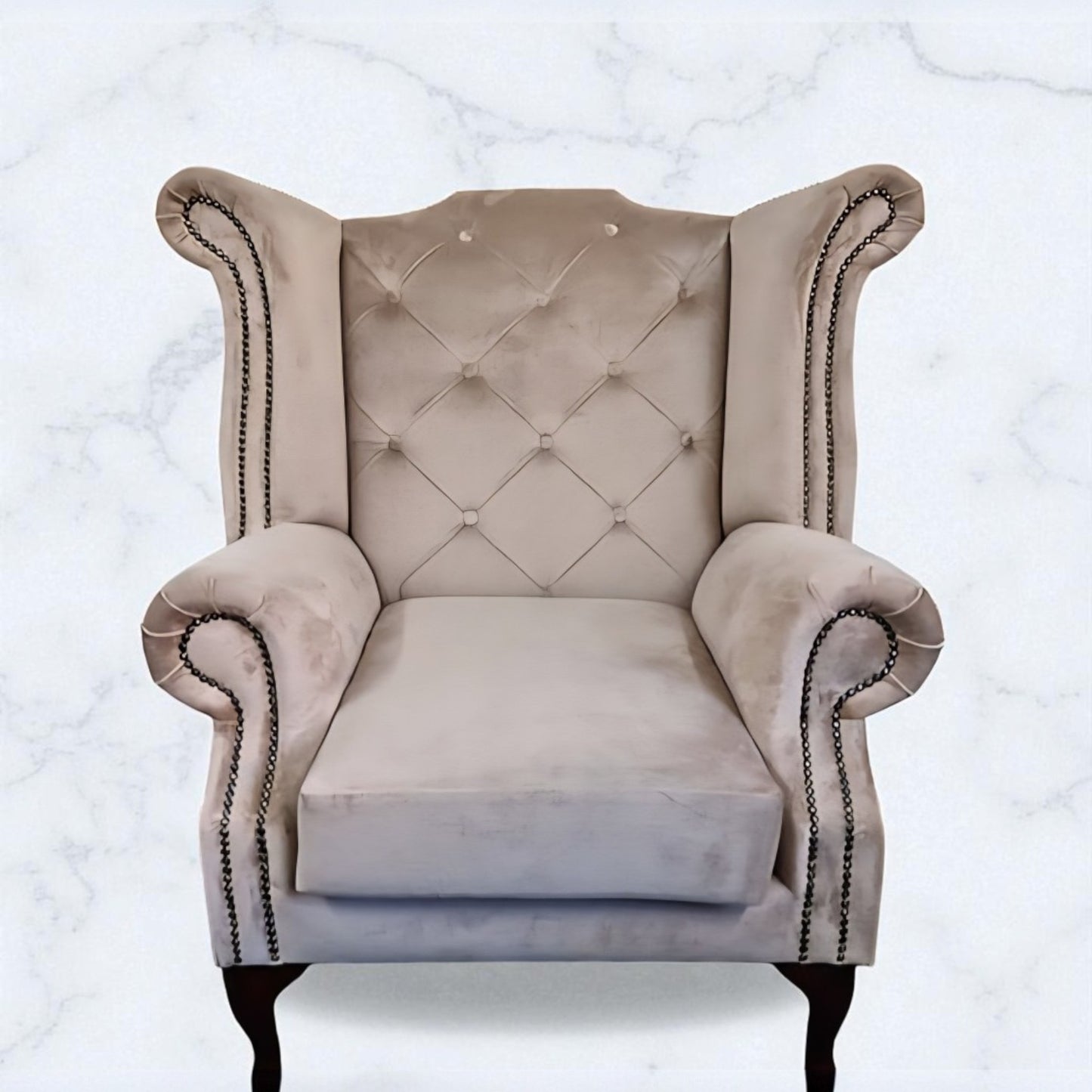 Chesterfield Queen Anne Wing Back Chair in Mink Plush Velvet
