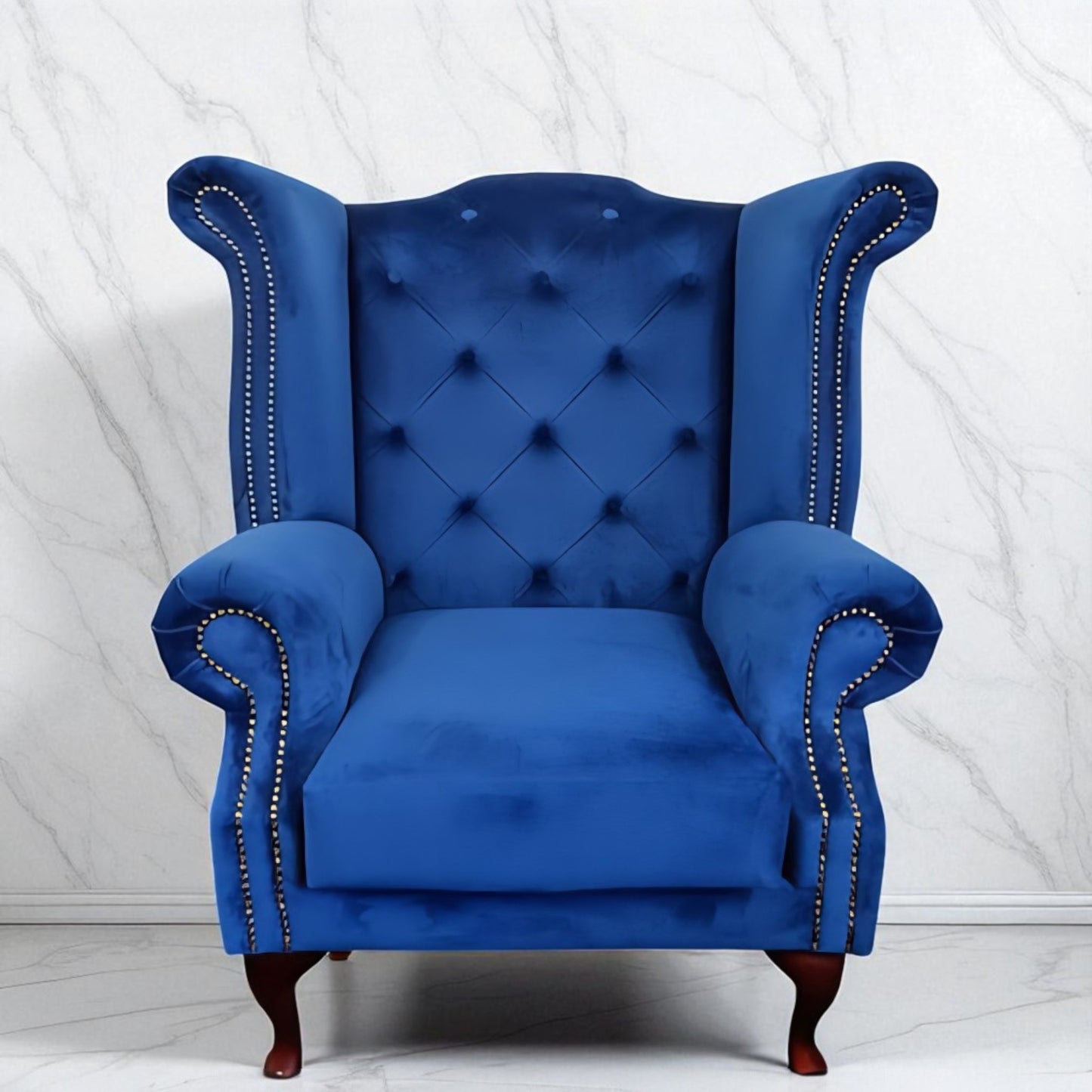 Chesterfield Queen Anne Wing Back Chair in Blue Plush Velvet