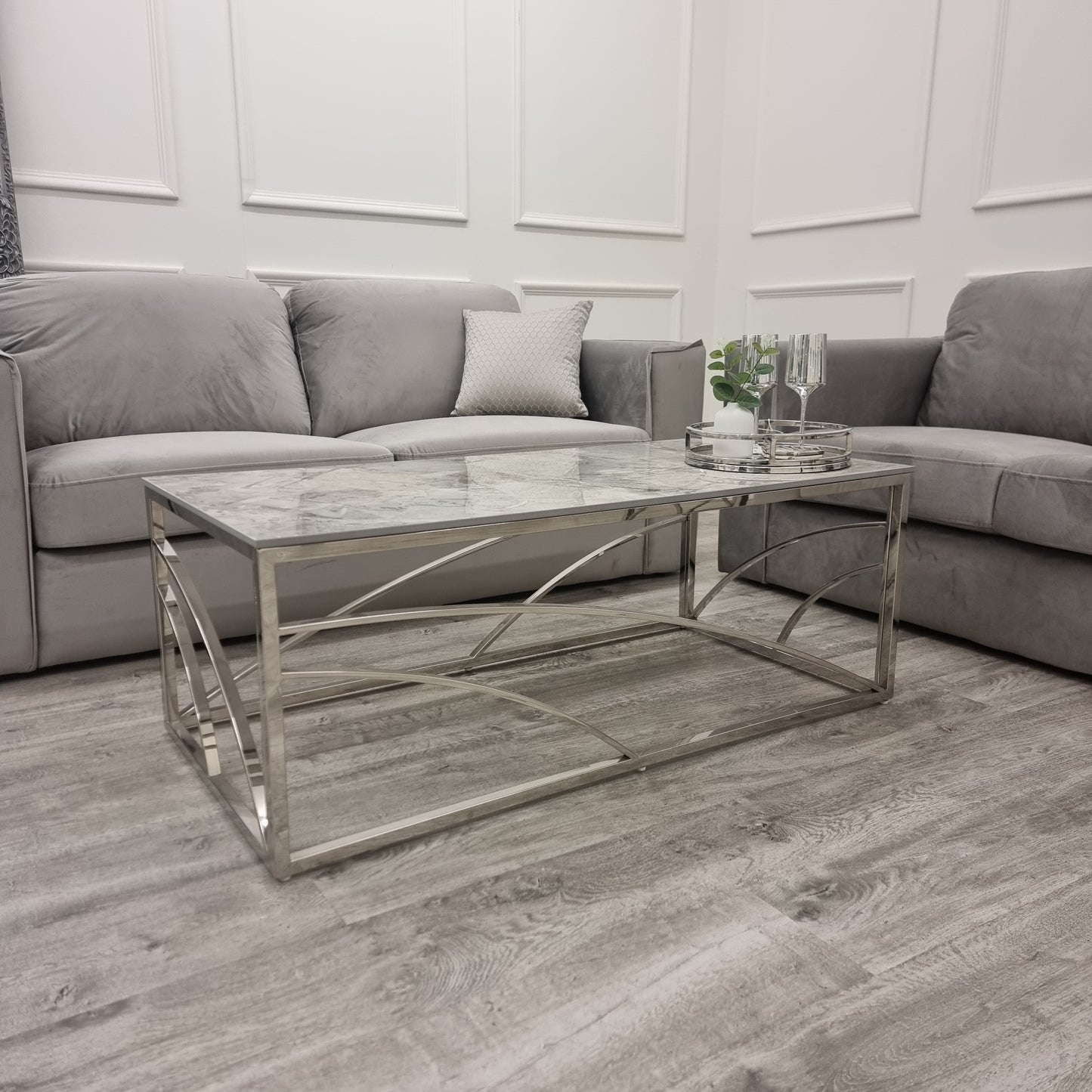 STELLA CHROME COFFEE TABLE WITH STOMACH ASH GREY SINTERED TOP