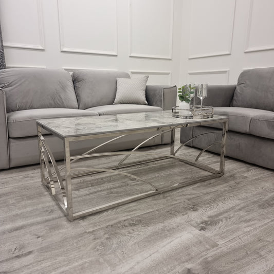 STELLA CHROME COFFEE TABLE WITH STOMACH ASH GREY SINTERED TOP