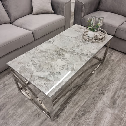 STELLA CHROME COFFEE TABLE WITH STOMACH ASH GREY SINTERED TOP