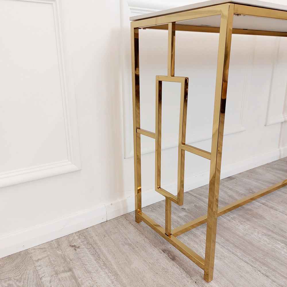 GEO GOLD CONSOLE TABLE WITH POLAR WHITE SINTERED TOP