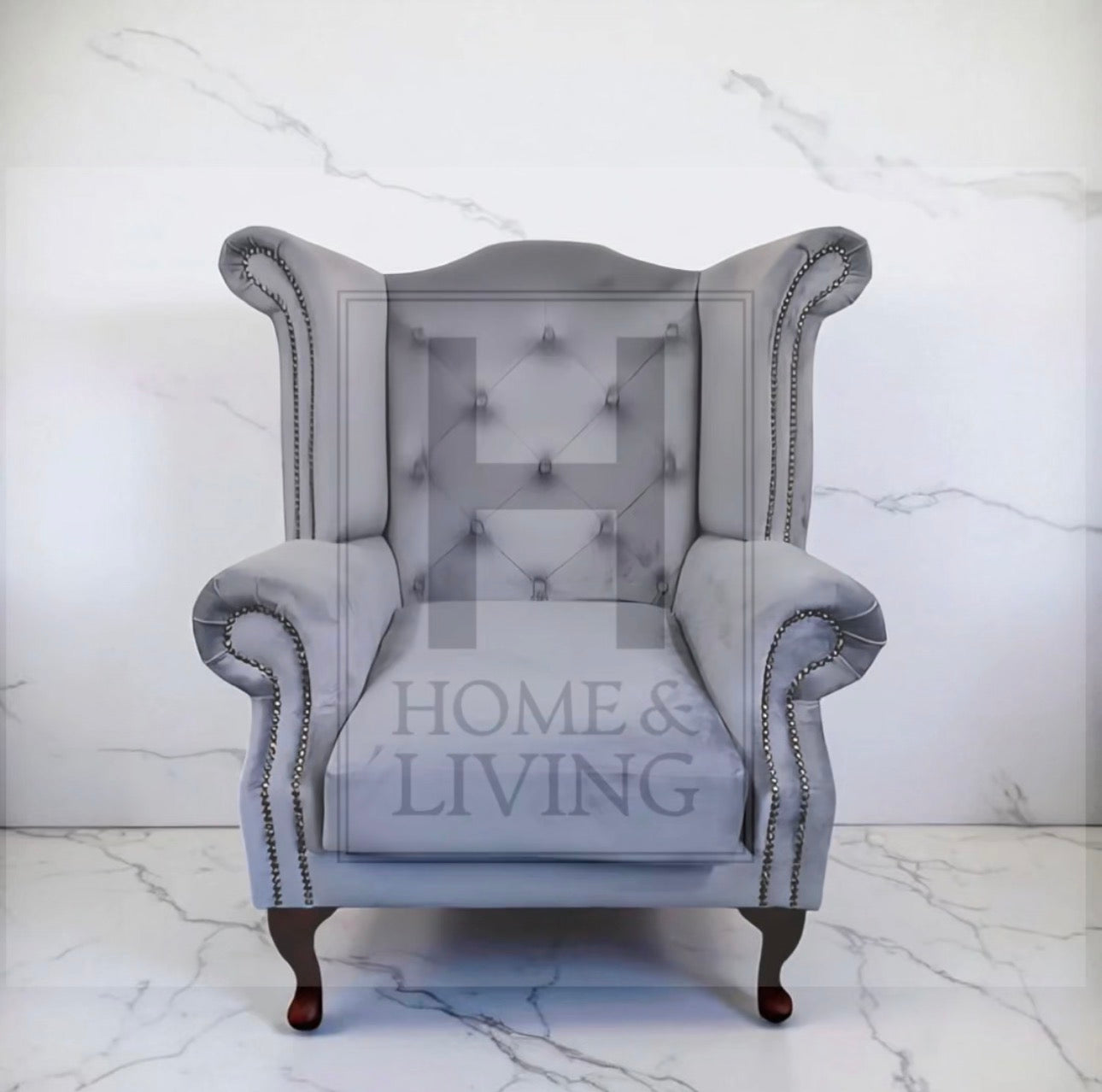 Chesterfield Queen Anne Wing Back Chair in Steel Plush Velvet