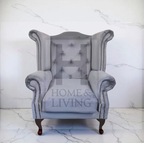 Chesterfield Queen Anne Wing Back Chair in Steel Plush Velvet