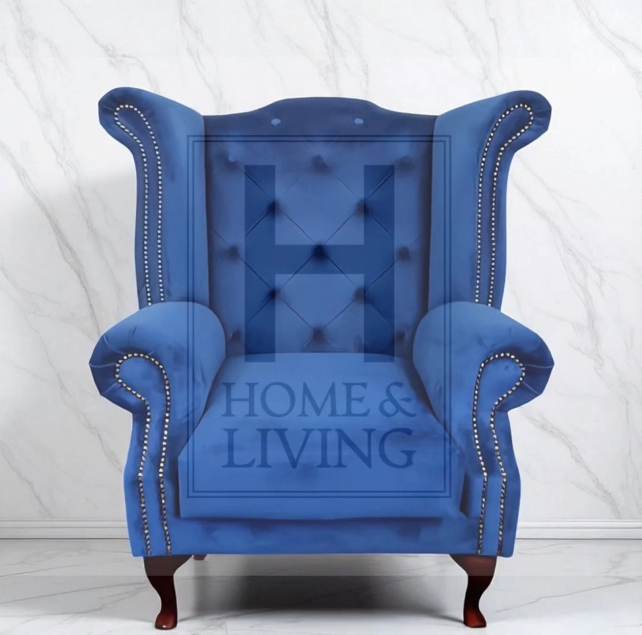 Chesterfield Queen Anne Wing Back Chair in Blue Plush Velvet
