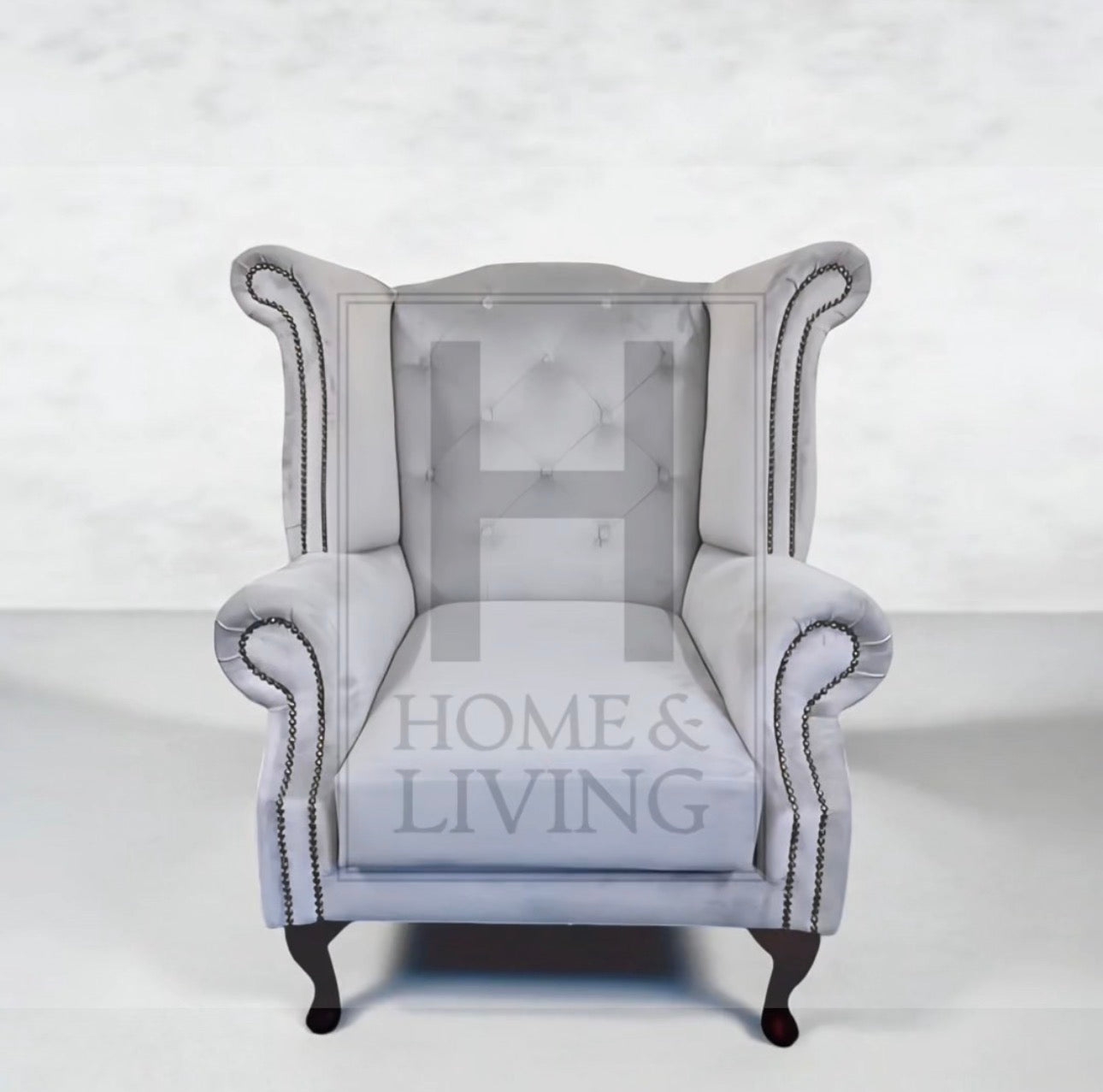 Chesterfield Queen Anne Wing Back Chair in Silver Plush Velvet