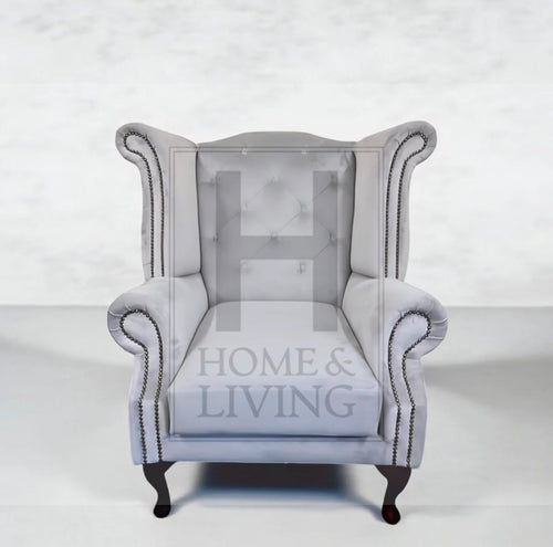 Chesterfield Queen Anne Wing Back Chair in Silver Plush Velvet