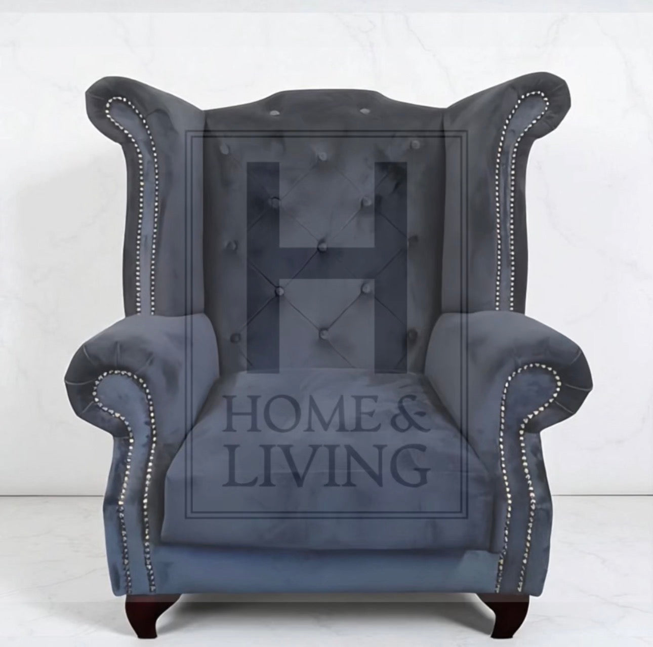 Chesterfield Queen Anne Wing Back Chair in Black Plush Velvet