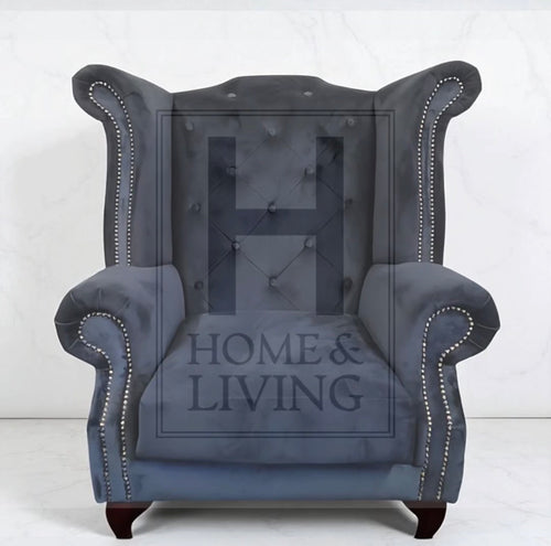 Chesterfield Queen Anne Wing Back Chair in Black Plush Velvet