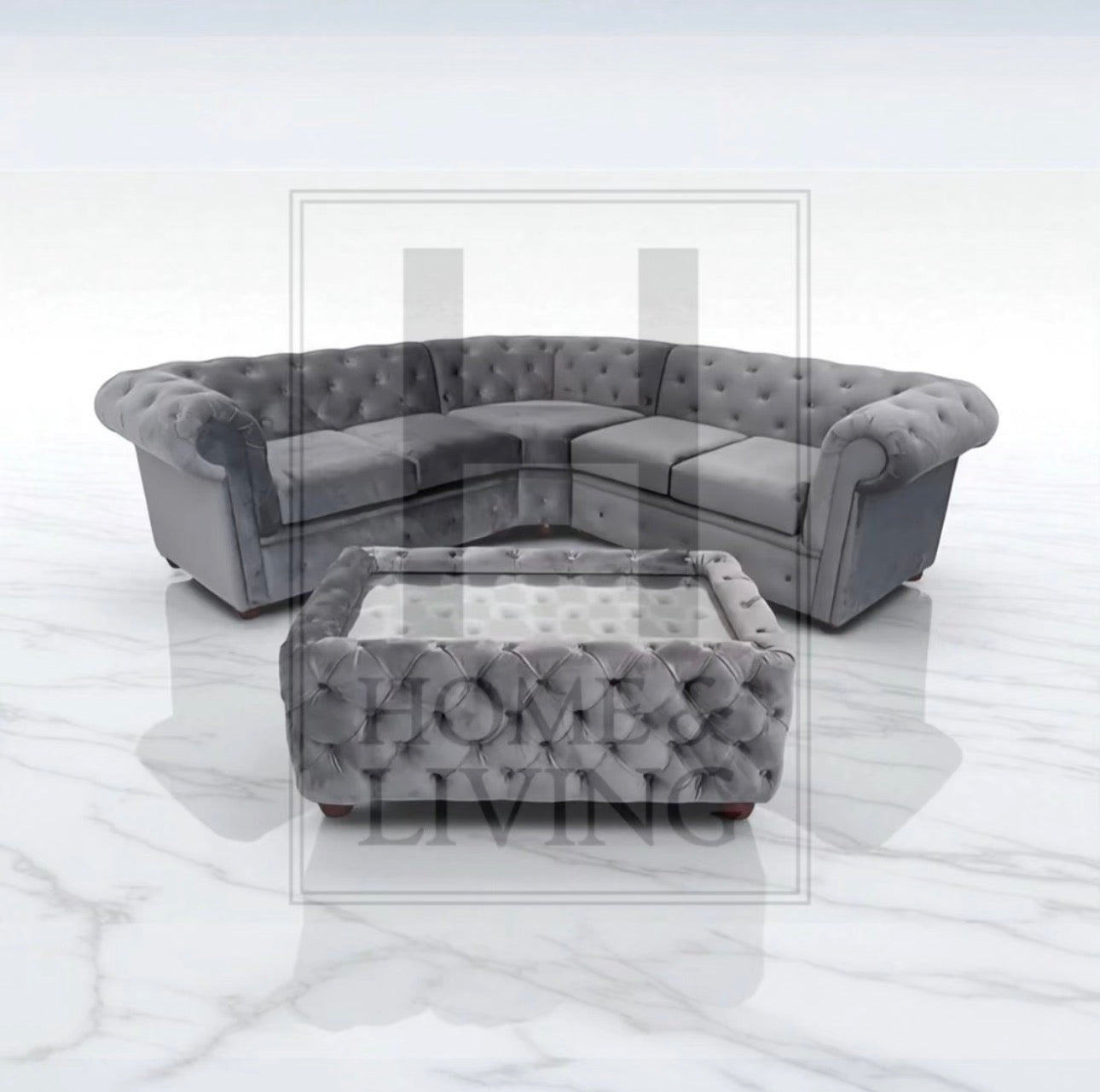 Chesterfield Corner Sofa in Steel Plush Velvet