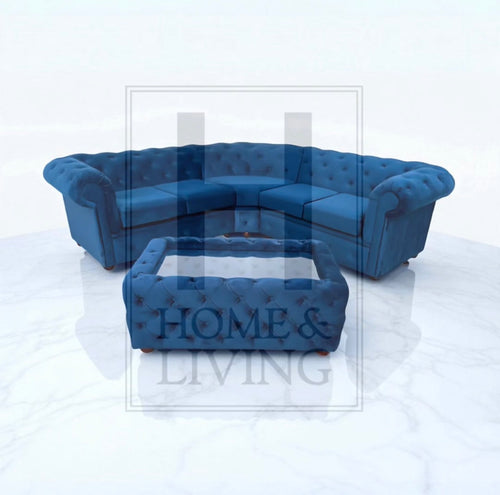 Chesterfield Corner Sofa in Blue Plush Velvet