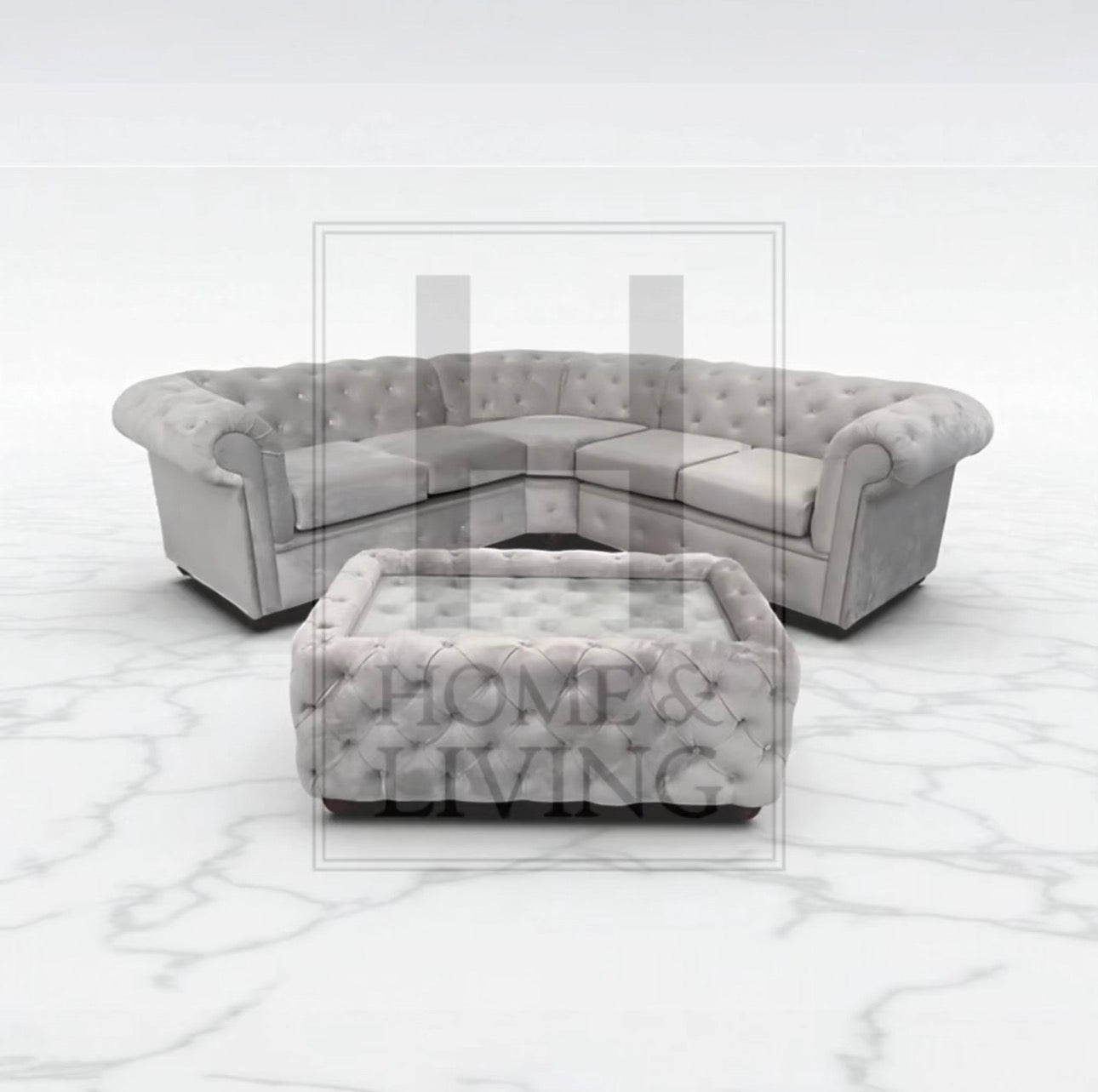 Chesterfield Corner Sofa in Silver Plush Velvet