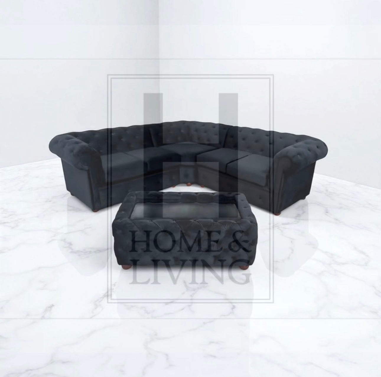 Chesterfield Corner Sofa in Black Plush Velvet