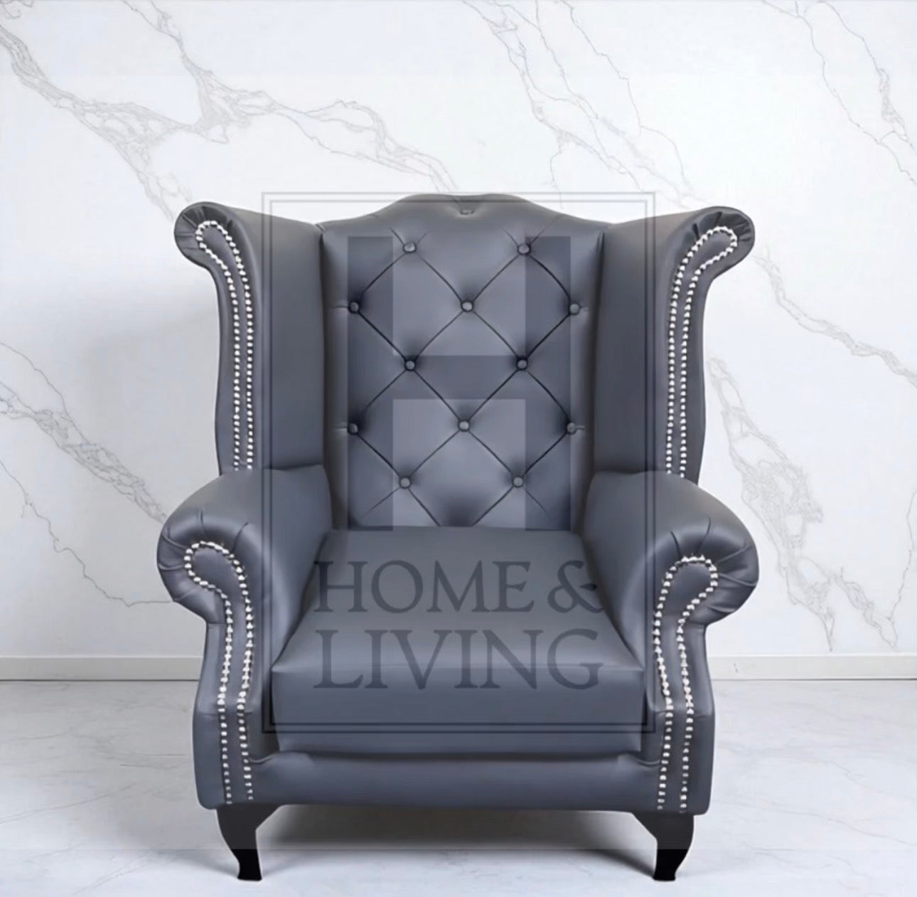 Chesterfield Queen Anne Wing Back Chair in Slate Bonded Leather