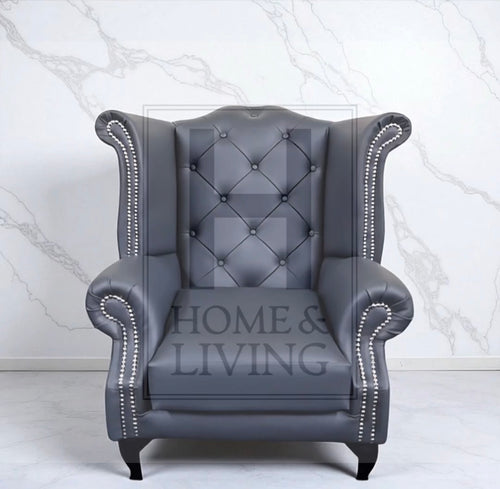 Chesterfield Queen Anne Wing Back Chair in Slate Bonded Leather