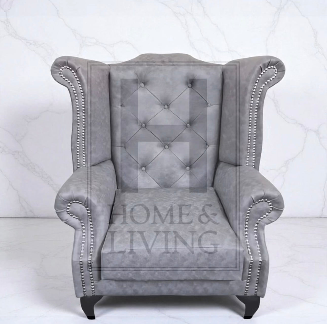 Chesterfield Queen Anne Wing Back Chair in Grey Bonded Leather