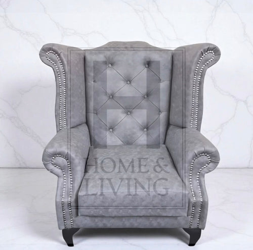 Chesterfield Queen Anne Wing Back Chair in Grey Bonded Leather