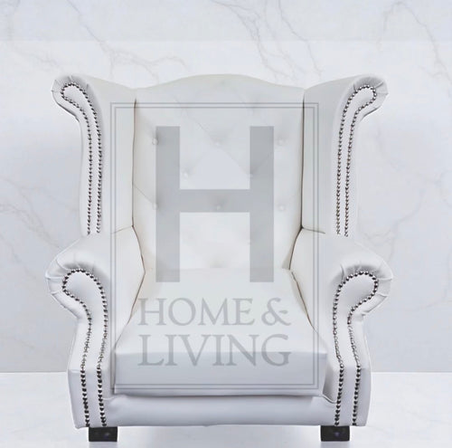 Chesterfield Queen Anne Wing Back Chair in White Bonded Leather