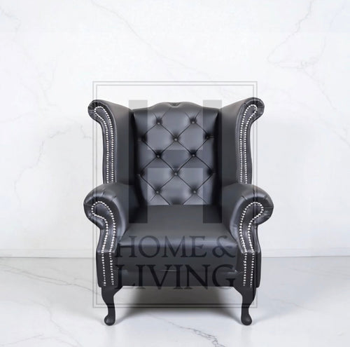Chesterfield Queen Anne Wing Back Chair in Black Bonded Leather