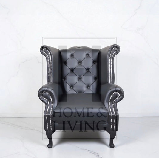Chesterfield Queen Anne Wing Back Chair in Black Bonded Leather