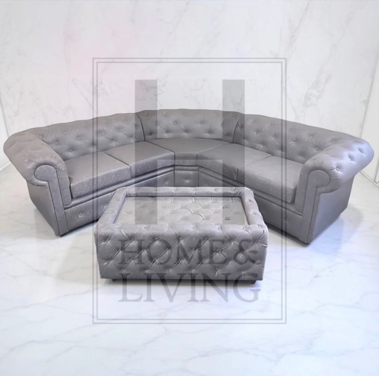 Chesterfield Corner Sofa in Grey Bonded Leather