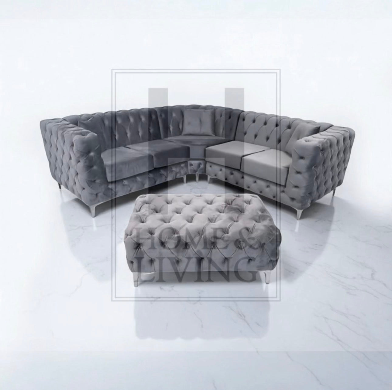 Rocky Corner Chesterfield Sofa in Steel Plush Velvet