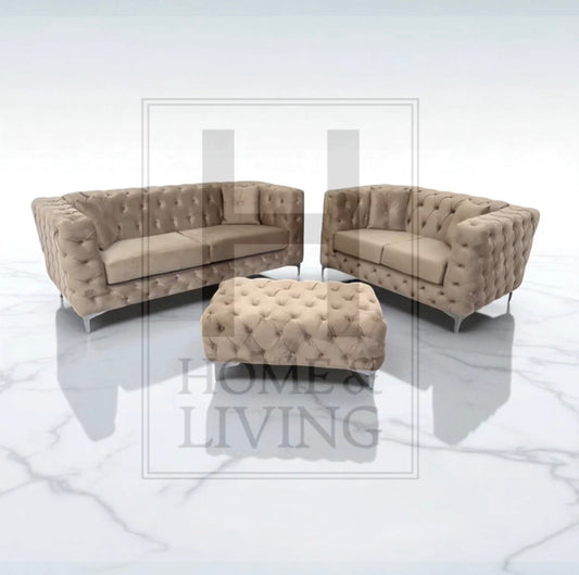 Rocky Chesterfield Sofa in Mink Plush Velvet