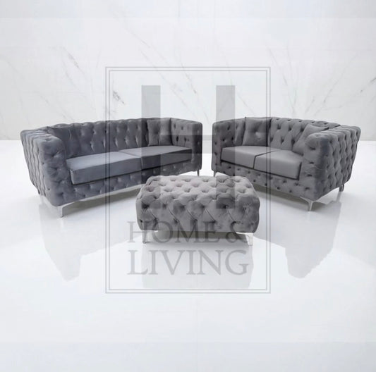 Rocky Chesterfield Sofa in Steel Plush Velvet