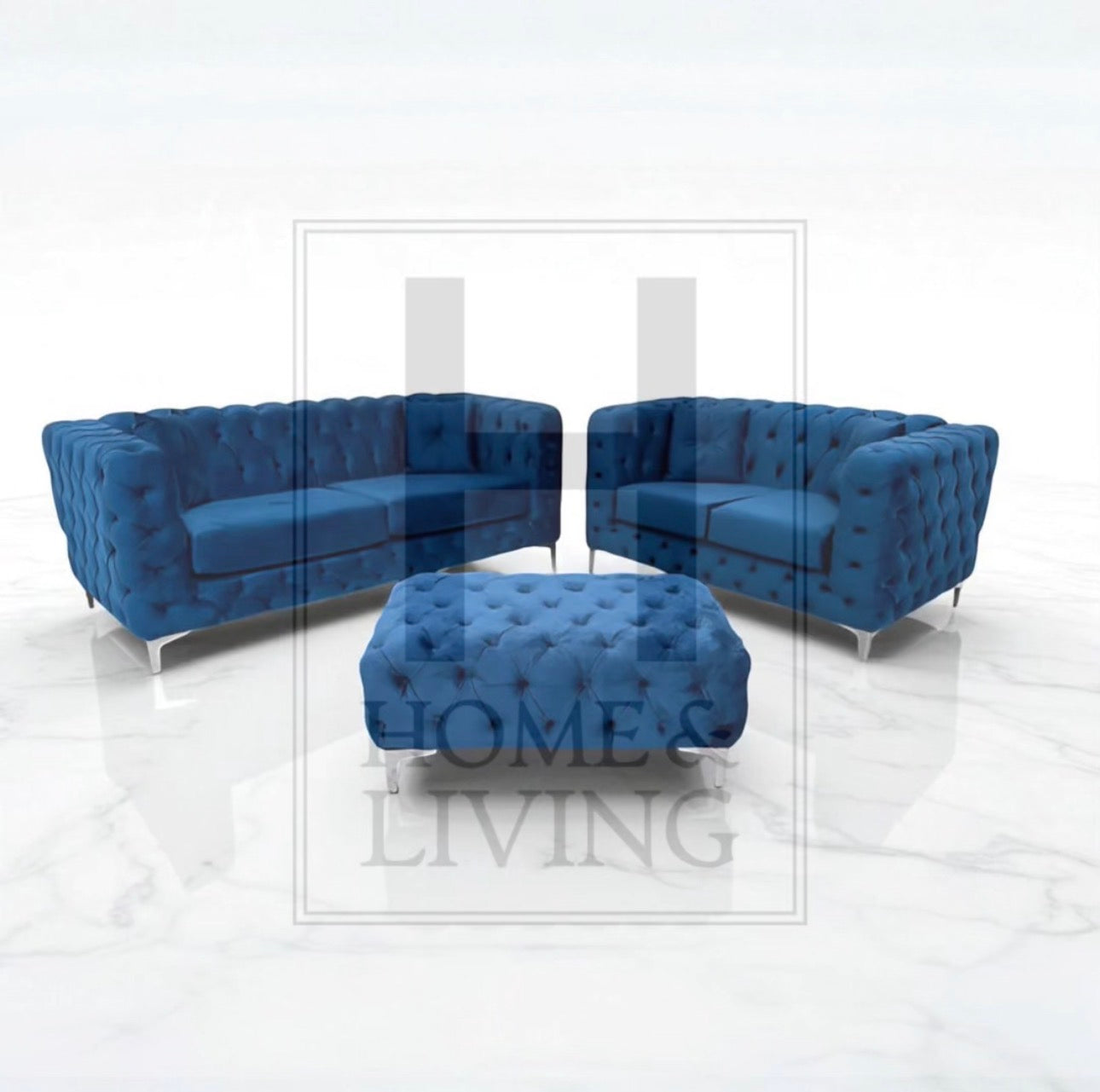 Rocky Chesterfield Sofa in Blue Plush Velvet
