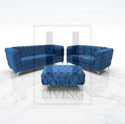 Rocky Chesterfield Sofa in Blue Plush Velvet