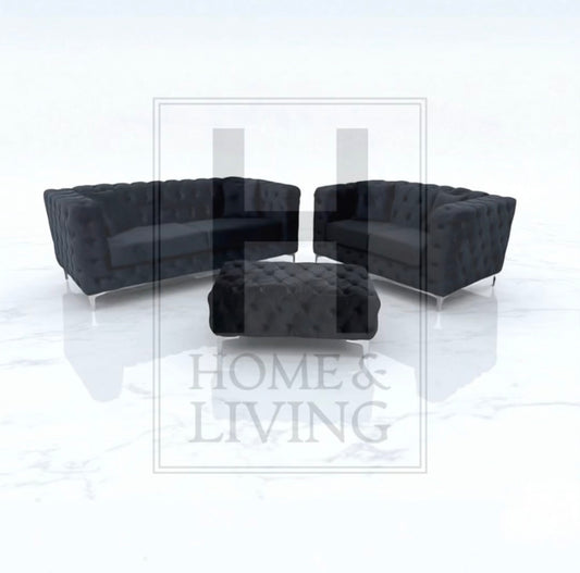 Rocky Chesterfield Sofa in Black Plush Velvet