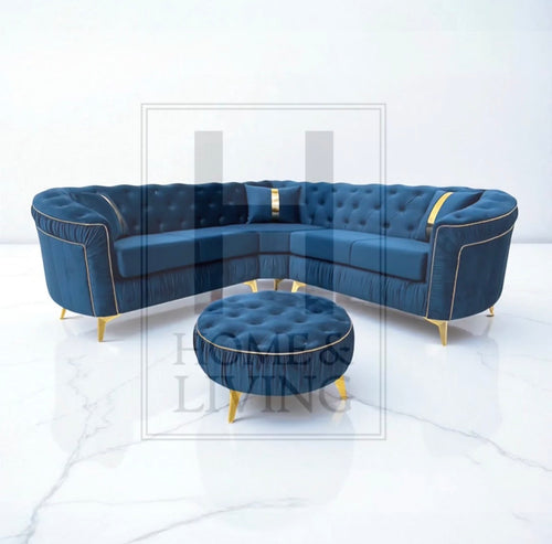 Ambassador Chesterfield Corner Sofa in Blue Plush Velvet