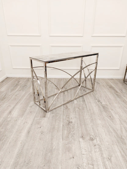 STELLA CHROME CONSOLE TABLE WITH STOMACH ASH GREY SINTERED TOP