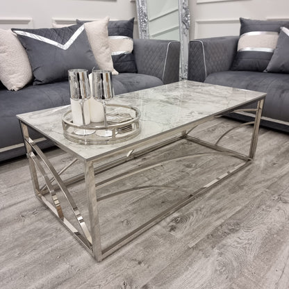 STELLA CHROME COFFEE TABLE WITH STOMACH ASH GREY SINTERED TOP