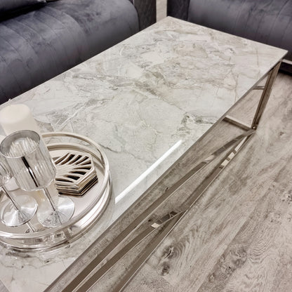 STELLA CHROME COFFEE TABLE WITH STOMACH ASH GREY SINTERED TOP