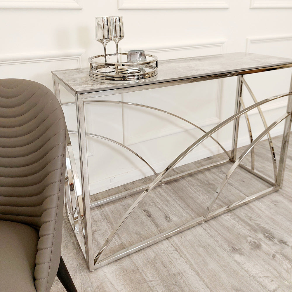 STELLA CHROME CONSOLE TABLE WITH STOMACH ASH GREY SINTERED TOP