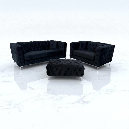 Rocky Chesterfield Sofa in Black Plush Velvet