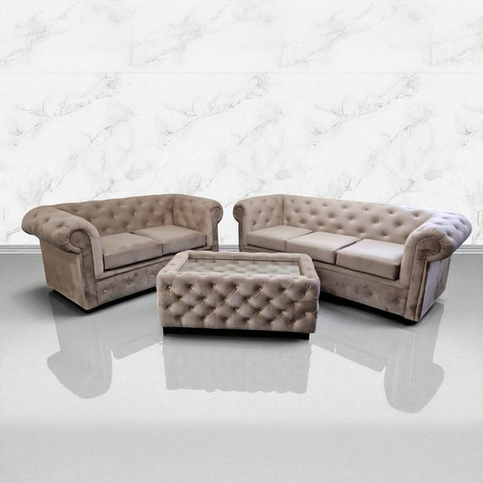 Chesterfield Sofa in Mink Plush Velvet