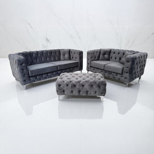 Rocky Chesterfield Sofa in Steel Plush Velvet