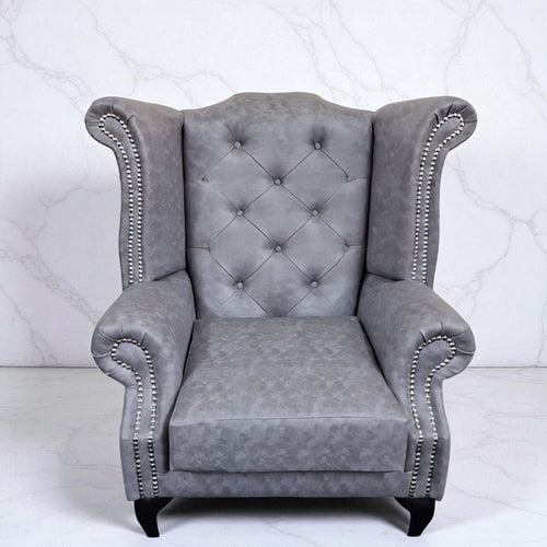 Chesterfield Queen Anne Wing Back Chair in Grey Bonded Leather