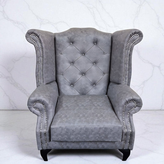 Chesterfield Queen Anne Wing Back Chair in Grey Bonded Leather