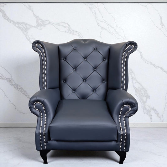 Chesterfield Queen Anne Wing Back Chair in Slate Bonded Leather