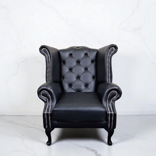 Chesterfield Queen Anne Wing Back Chair in Black Bonded Leather