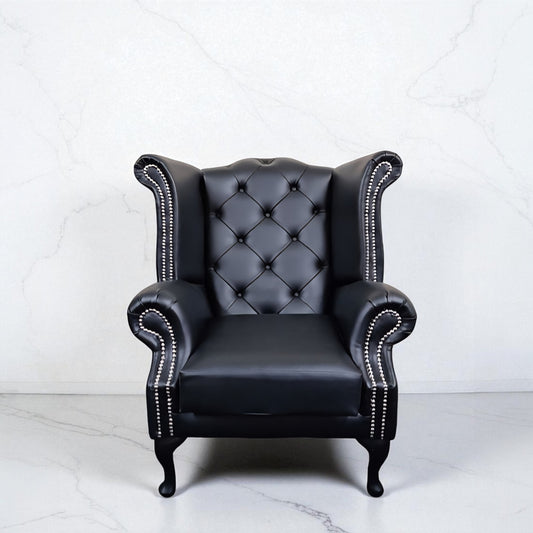 Chesterfield Queen Anne Wing Back Chair in Black Bonded Leather
