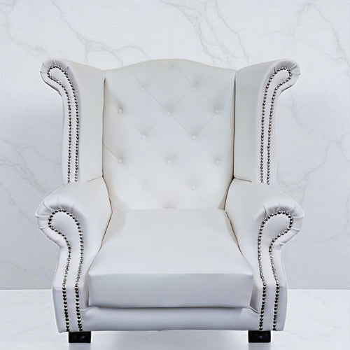 Chesterfield Queen Anne Wing Back Chair in White Bonded Leather