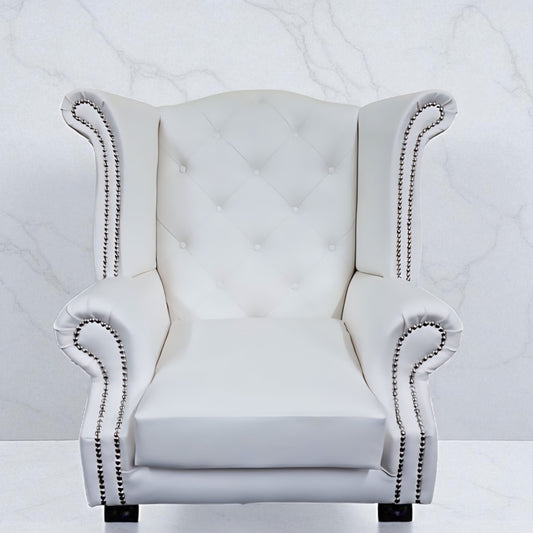 Chesterfield Queen Anne Wing Back Chair in White Bonded Leather